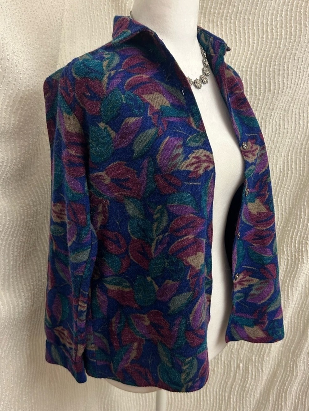 Vintage Fall Leaf Jacket M Purple Teal Green Button Up Cropped Lightweight Uniqu